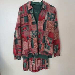Alfred Dunner Women's 14 Patchwork Print Bomber Jacket Skirt Top Set Green Red